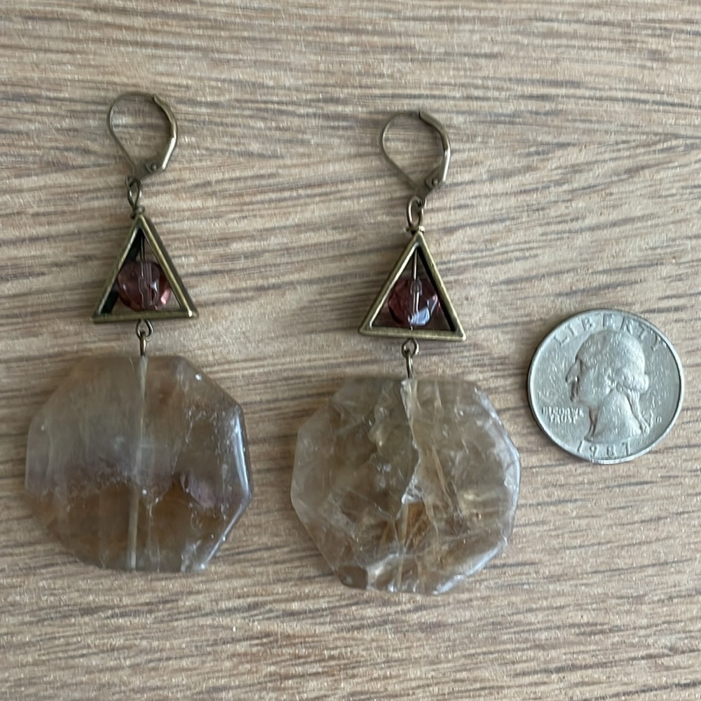 HAND CRAFTED EARRINGS Large Octagon Fluorite Beads with Amethyst and Brass - Picture 6 of 10